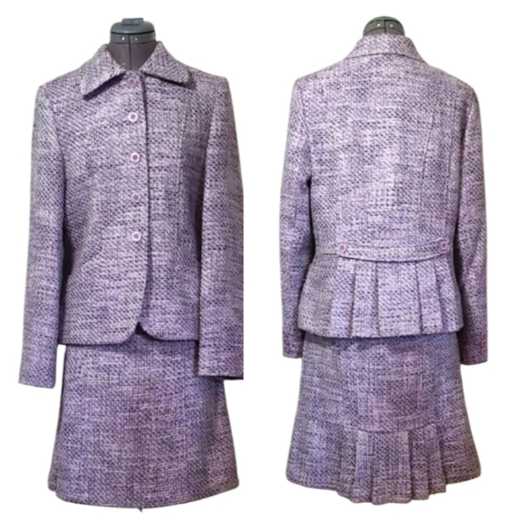 2Pc Tweed Blazer Skirt Set Back Pleats Tailored Fit Purple Dark Academia